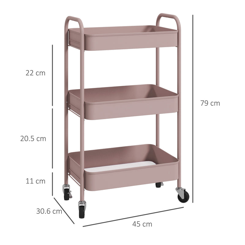 HOMCOM 3 Tier Rolling Utility Cart with 3 Mesh Basket, Pink