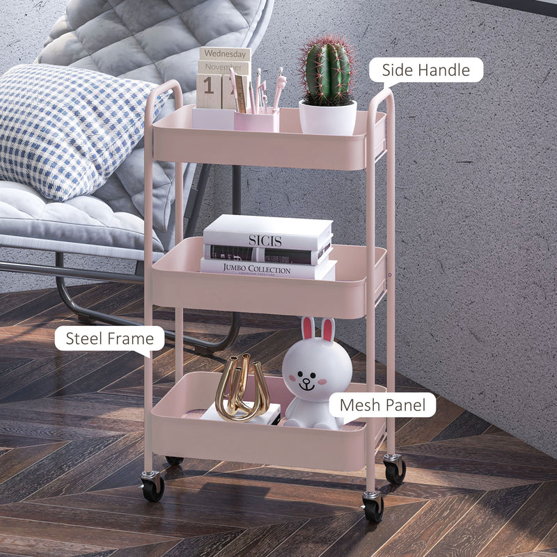 HOMCOM 3 Tier Rolling Utility Cart with 3 Mesh Basket, Pink