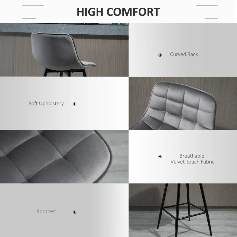 HOMCOM Set of 2 Bar Stools Velvet-Touch Dining Chairs - Grey