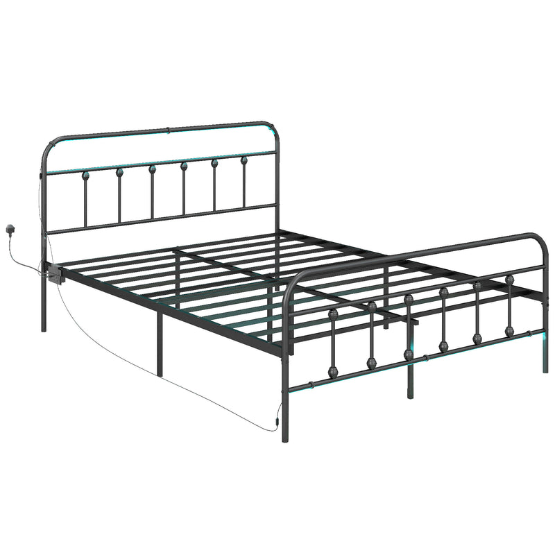 HOMCOM Bed Frame With LED Lights And Charging Station, Black
