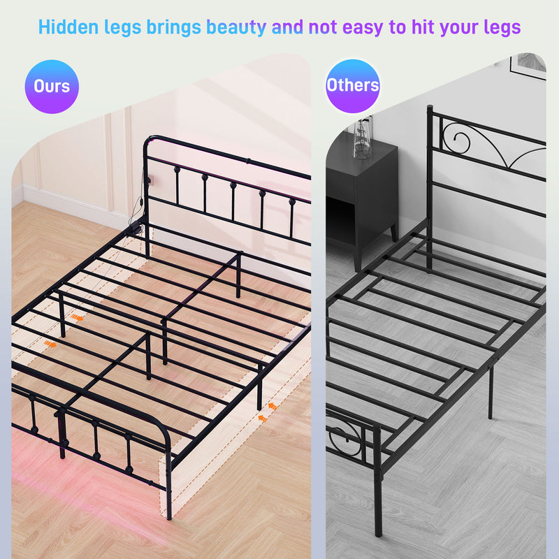 HOMCOM Bed Frame With LED Lights And Charging Station, Black