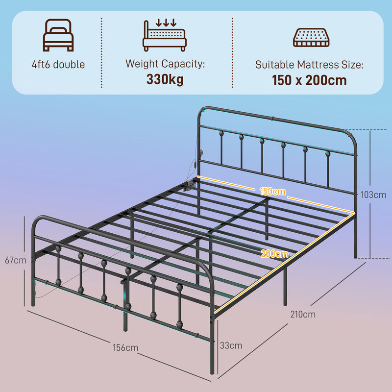 HOMCOM Bed Frame With LED Lights And Charging Station, Black