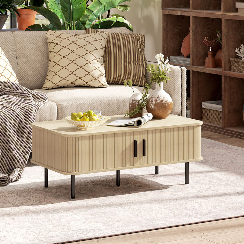 HOMCOM Coffee Table with Storage and Sliding Doors for Living Room, Oak