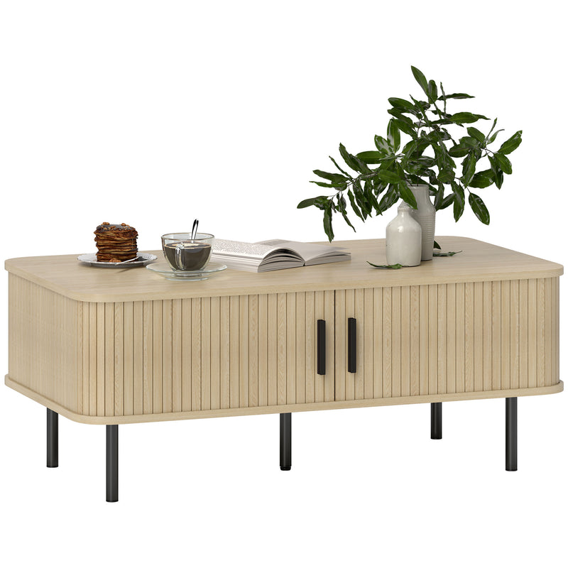 HOMCOM Coffee Table with Storage and Sliding Doors for Living Room, Oak