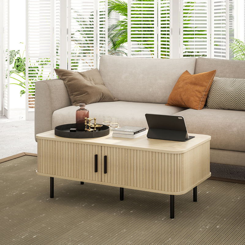 HOMCOM Coffee Table with Storage and Sliding Doors for Living Room, Oak