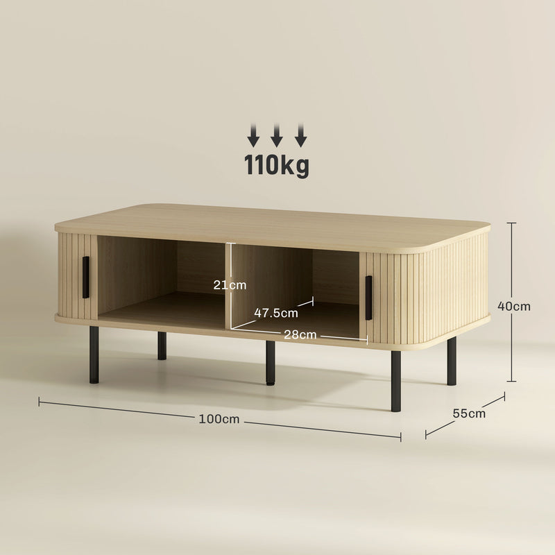 HOMCOM Coffee Table with Storage and Sliding Doors for Living Room, Oak