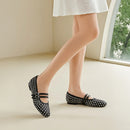 Rhinestones Double Strap Mary Jane Ballet Flat Shoes - Black