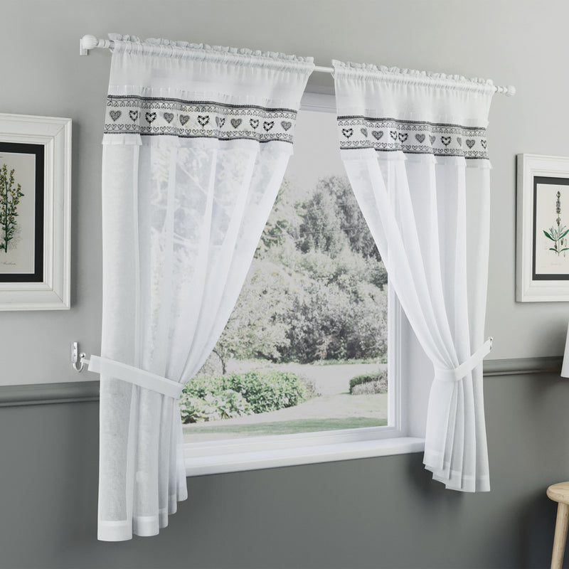 Tyrone Textiles Lucy Black Embroidered Heart Kitchen Window Set Curtain Pair with Frill Edging and Matching Tie Backs