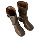 PU Leather Fashionable Western-Style Mid-Calf Boots