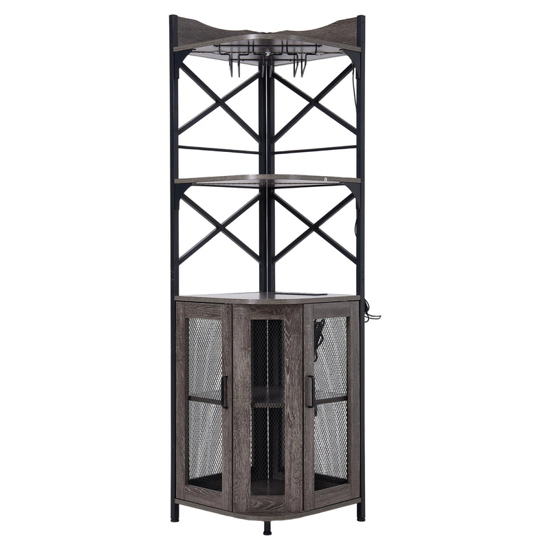 Livingandhome 5-Tier Corner Bar Cabinet with Built-in Power Outlet and LED Lights
