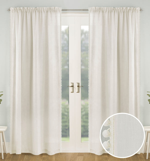Pair Of Tahiti Cream Pom-Pom Trim Linen Look Voile Panels With Rod Pocket Header