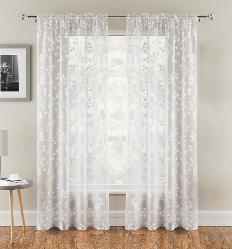 Delila White Leaf Print Voile Panel - Pair