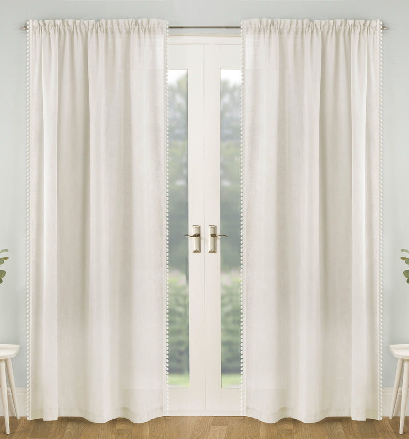 Pair of Tahiti Cream Pom-Pom Trim Linen Look Voile Panels with Rod Pocket Header