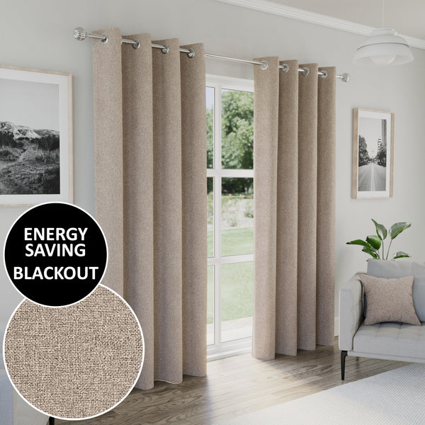 Enhanced Living Austin 100% Blackout, Thermal Natural Cream/Beige Curtains With Eyelet Header - Pair