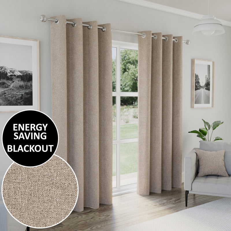 Enhanced Living Austin 100% Blackout, Thermal Natural Cream/Beige Curtains with Eyelet Header - Pair