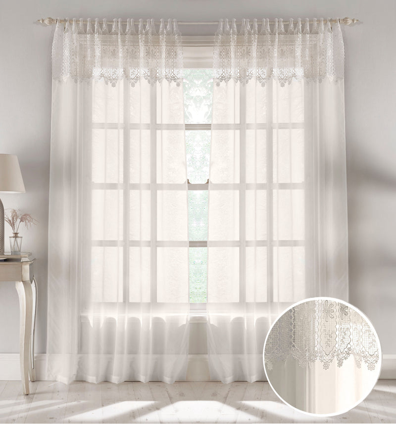 Pair of Kensington Natural Floral MacramÃ© Top Panels on a Crush Voile Base 229CM