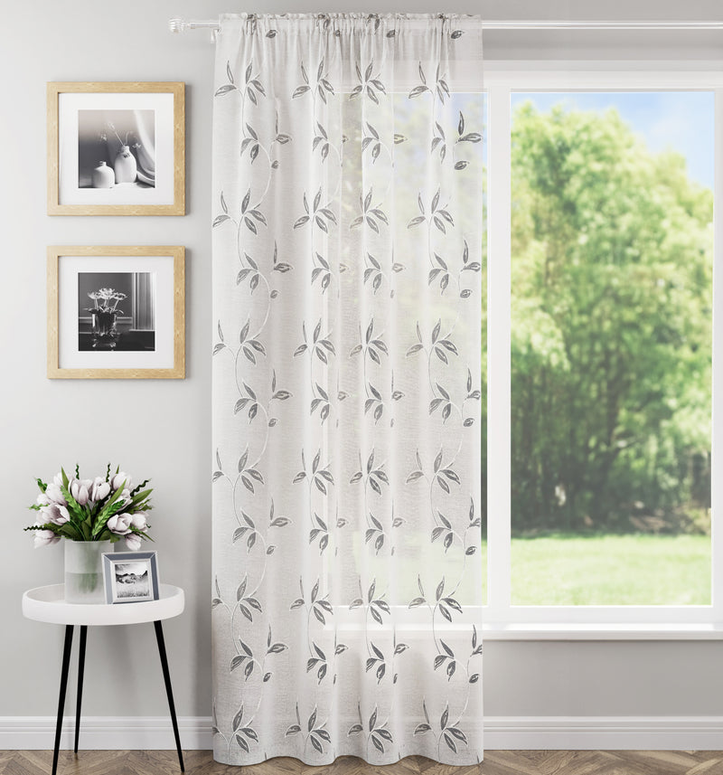 Oasis Grey Embroidered Leaf Design Voile Panels - Pair