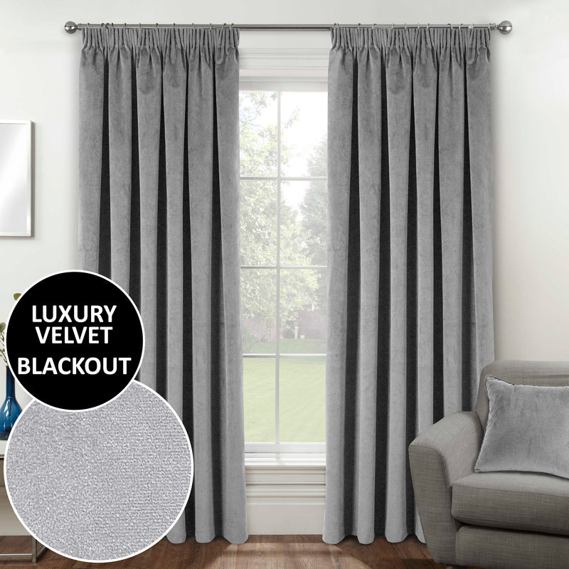 Luxury Enhanced Living Grey Velvet, Supersoft, 100% Blackout, Thermal Curtains with Tape Top - Pair