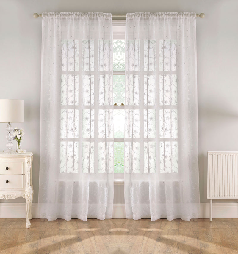Pair of Belle White Sheer Floral Embroidery Voile Panels with Rod Pocket Header