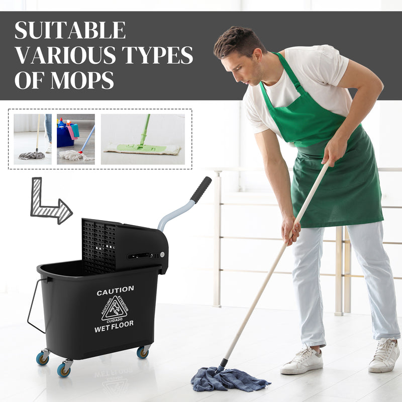HOMCOM 20L Mop Bucket with Wringer Handle on Wheels for Floor Cleaning