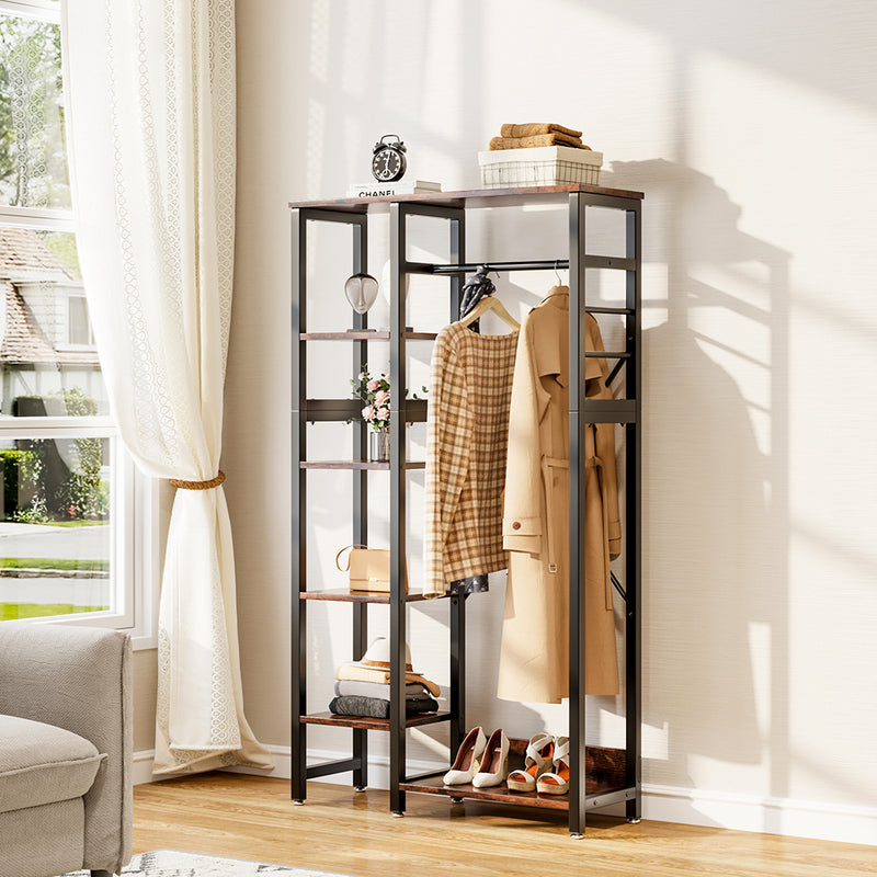 Livingandhome Rustic Brown Clothes Rack with Storage Shelves