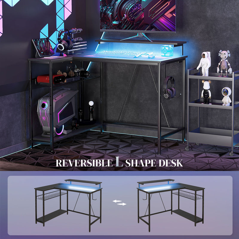 HOMCOM L Shaped Desk with LED Lights Reversible Corner Gaming Desk with Storage