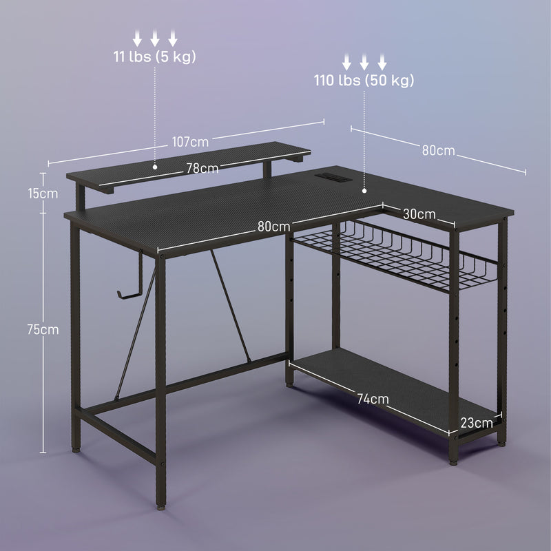 HOMCOM L Shaped Desk with LED Lights Reversible Corner Gaming Desk with Storage