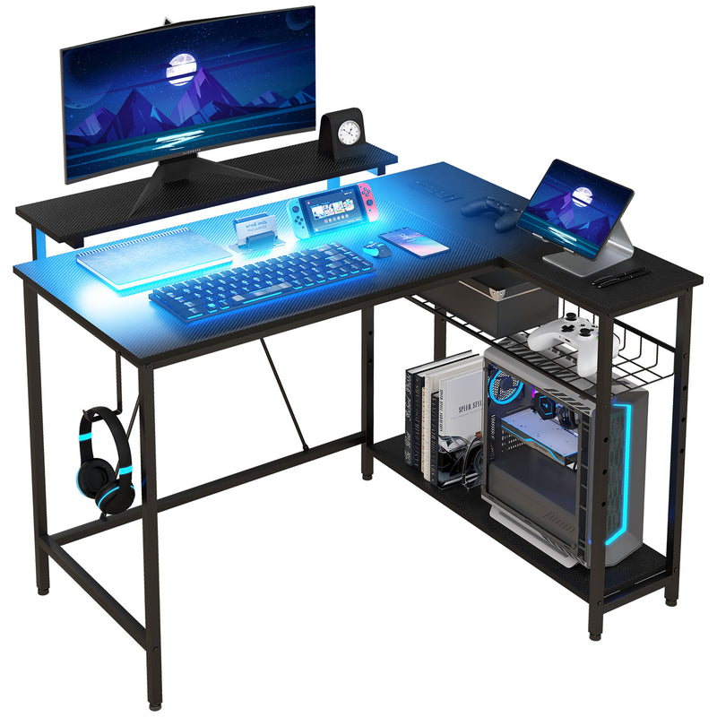 HOMCOM L Shaped Desk with LED Lights Reversible Corner Gaming Desk with Storage