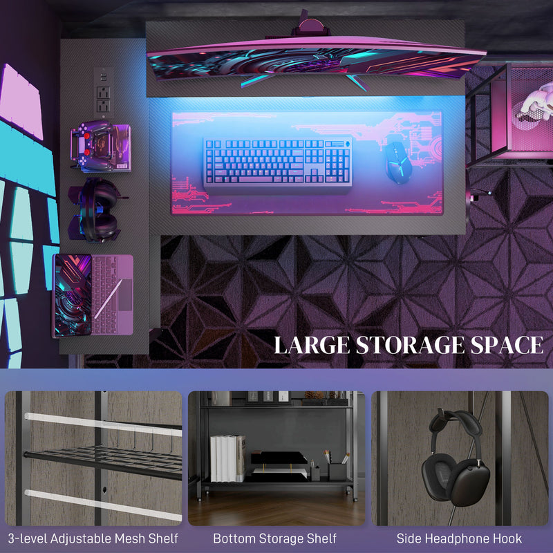 HOMCOM L Shaped Desk with LED Lights Reversible Corner Gaming Desk with Storage