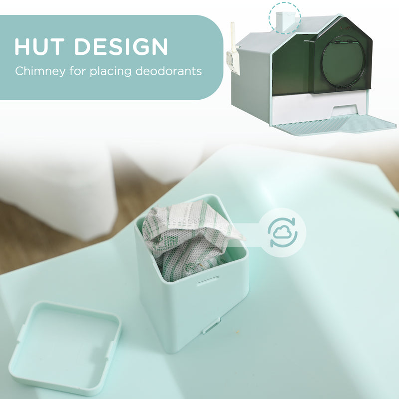 PawHut Hooded Cat Litter Tray w/ Scoop, Drawer Pan Handle Deodorants Light Blue