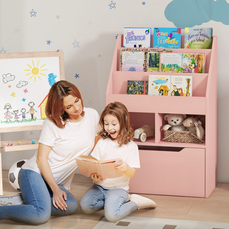 HOMCOM Kids Bookcase, Toy Box w/ Storage Drawer, Wheels for Bedroom - Pink