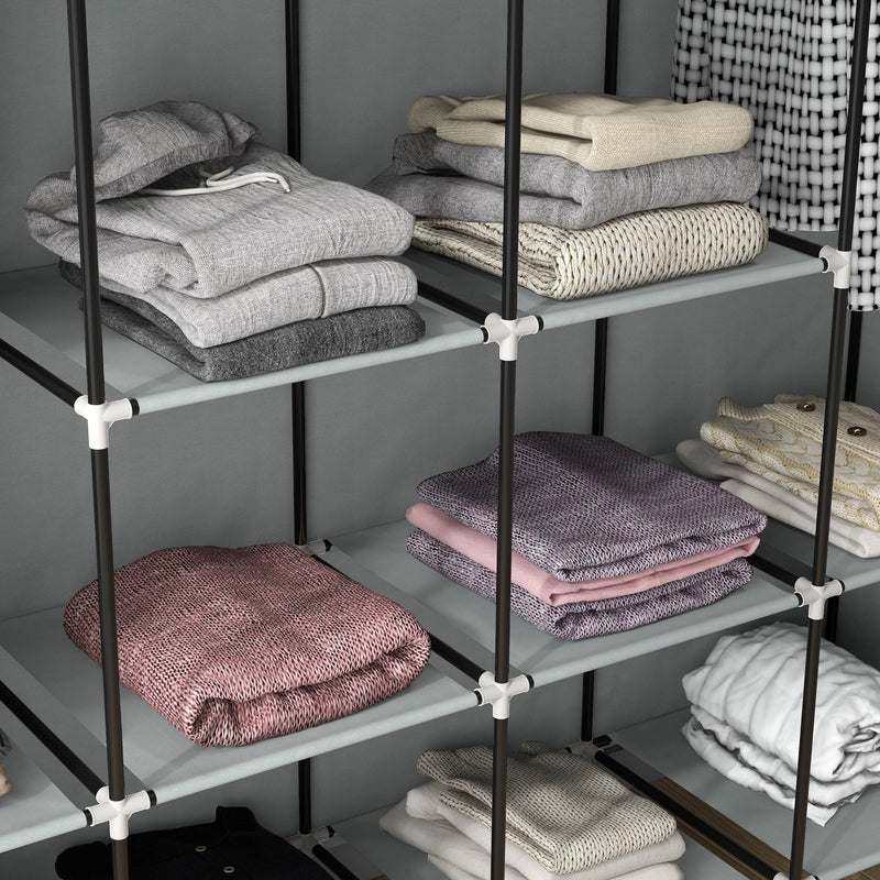 HOMCOM Fabric Wardrobe w/ 12 Shelves 2 Hanging Rails Foldable Closets