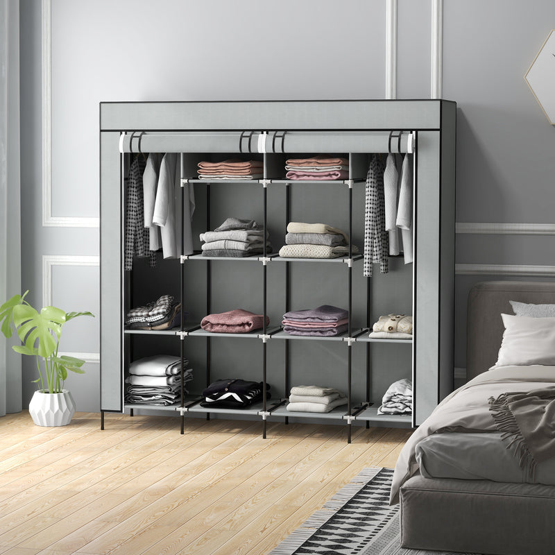 HOMCOM Fabric Wardrobe w/ 12 Shelves 2 Hanging Rails Foldable Closets