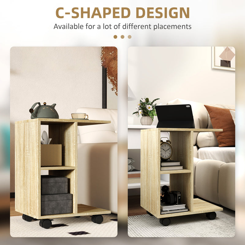 HOMCOM C-Shape End Table Storage Unit w/ 2 Shelves 4 Wheels Home