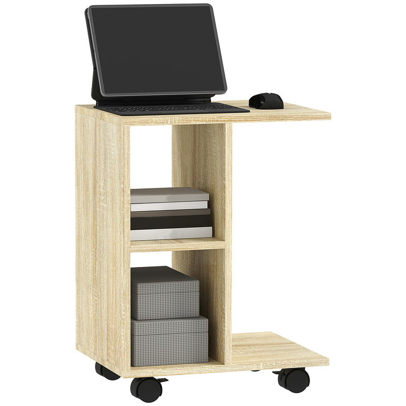 HOMCOM C-Shape End Table Storage Unit w/ 2 Shelves 4 Wheels Home