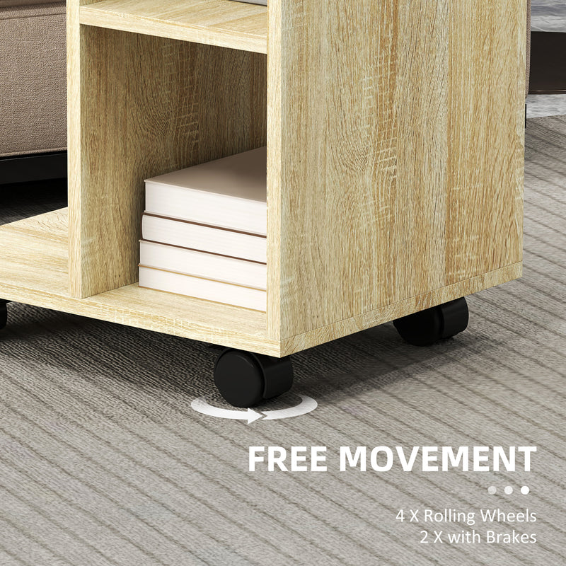 HOMCOM C-Shape End Table Storage Unit w/ 2 Shelves 4 Wheels Home