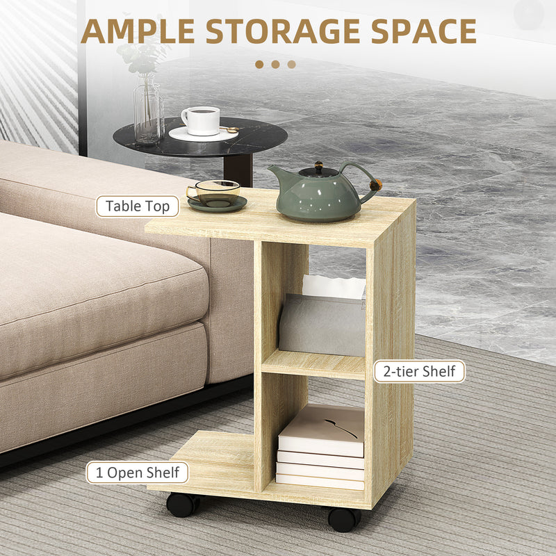HOMCOM C-Shape End Table Storage Unit w/ 2 Shelves 4 Wheels Home