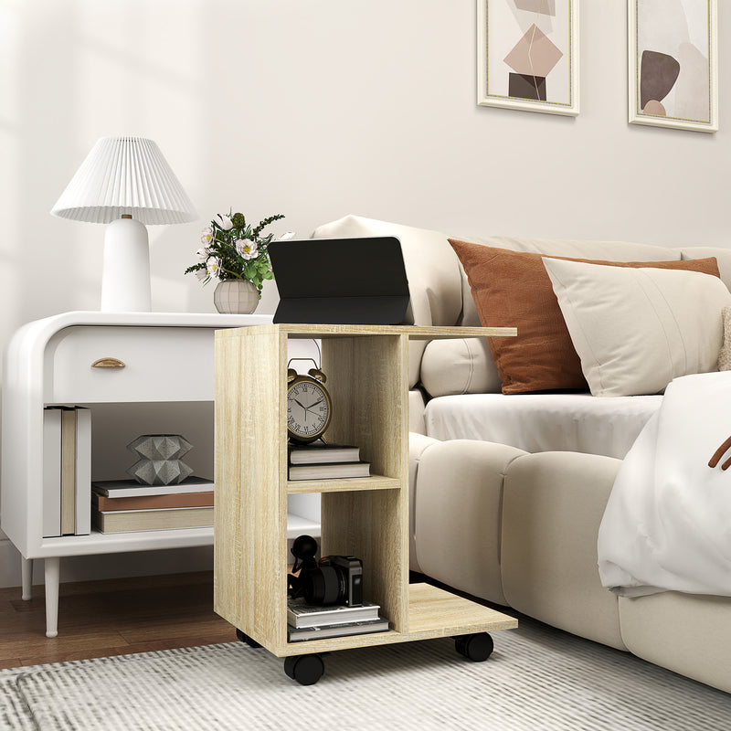 HOMCOM C-Shape End Table Storage Unit w/ 2 Shelves 4 Wheels Home