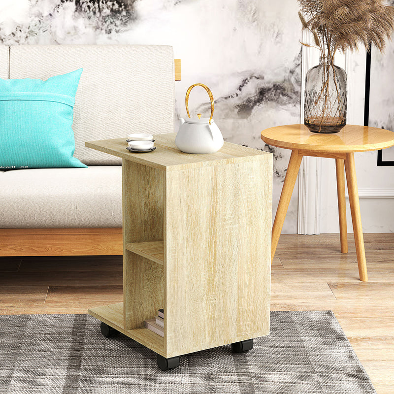 HOMCOM C-Shape End Table Storage Unit w/ 2 Shelves 4 Wheels Home