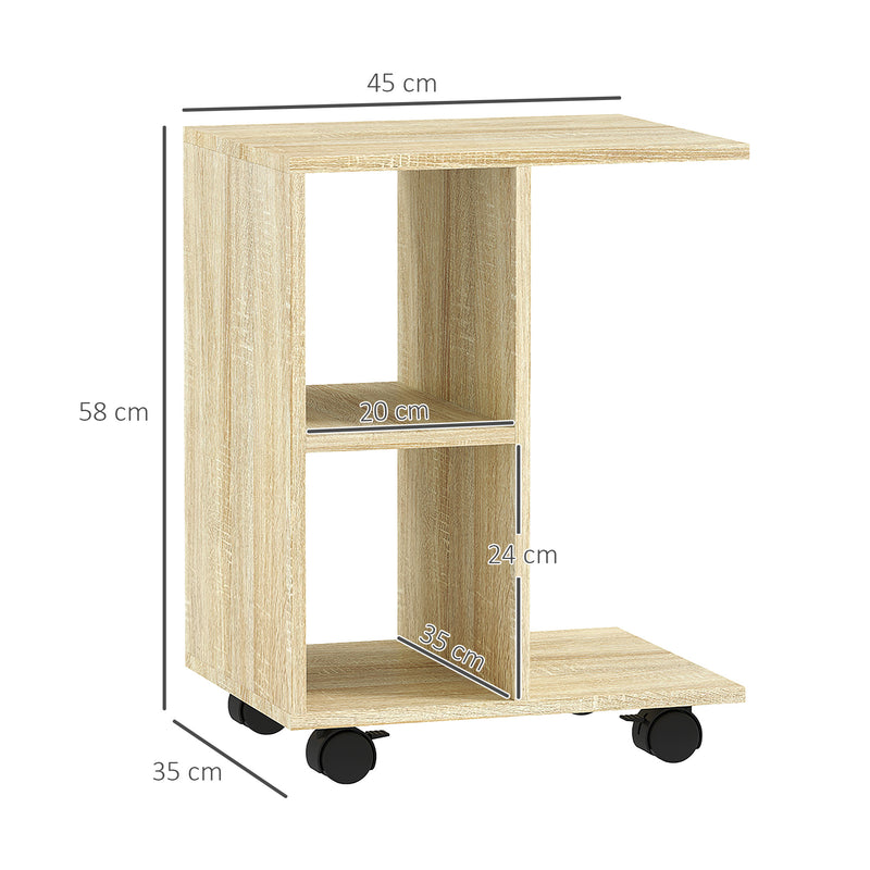 HOMCOM C-Shape End Table Storage Unit w/ 2 Shelves 4 Wheels Home
