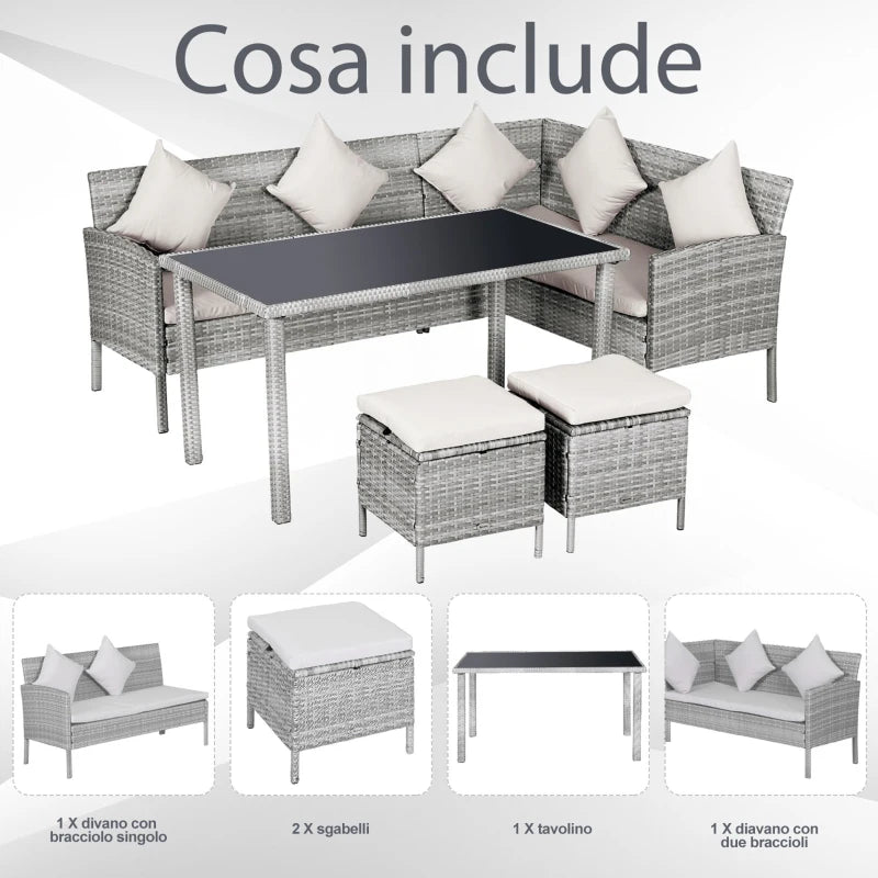 Outsunny Rattan Sofa Set with Coffee Table & Footstools - Grey