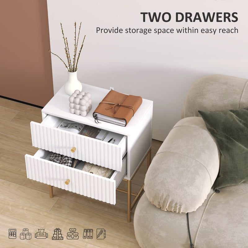 HOMCOM Modern Bedside Table with 2 Drawers for Bedroom, White