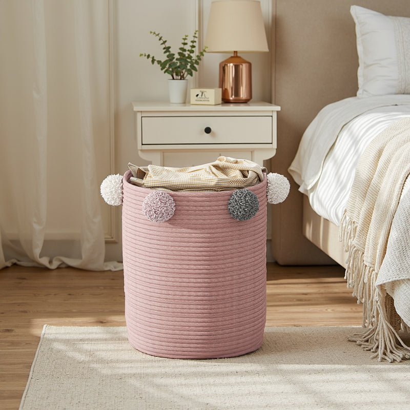 Lifeideas Cotton Rope Basket Woven Laundry Blanket Toy Basket Organizer with Pompom Living Room Pink