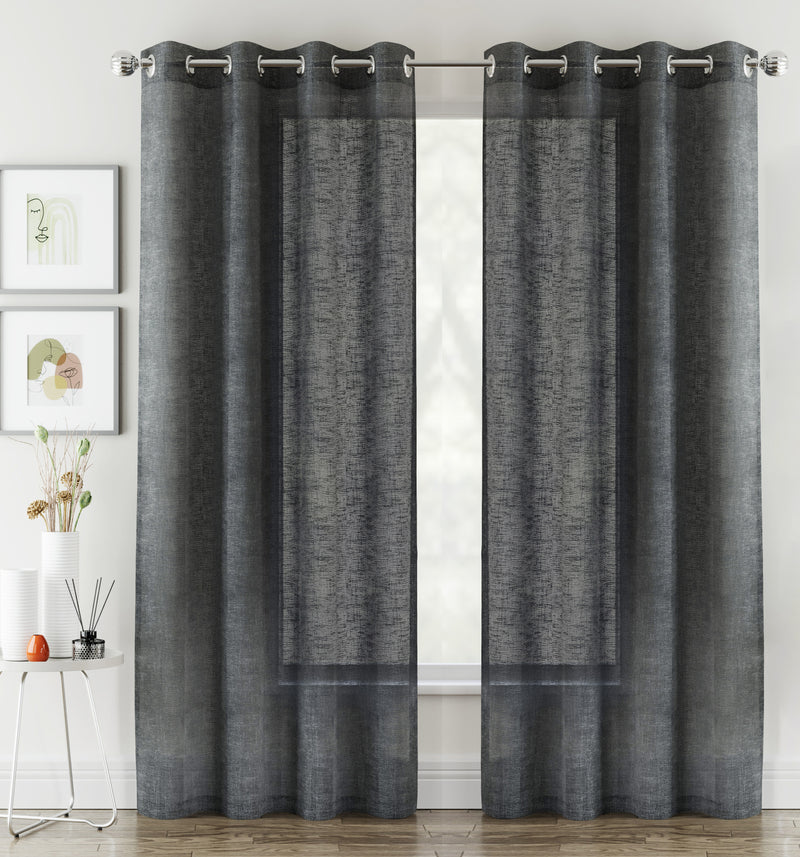 Pair of Crete Charcoal Luxury Linen Look Sheer Panels with Eyelet Header
