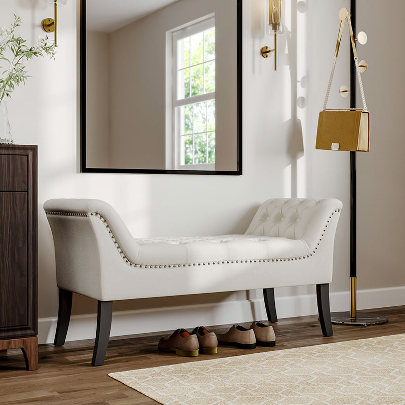 Livingandhome Contemporary Velvet Buttoned Bench with Black Wood Legs