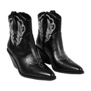 Embroidered Pointed Toe Cowboy Ankle Boots With Block Heel - Black