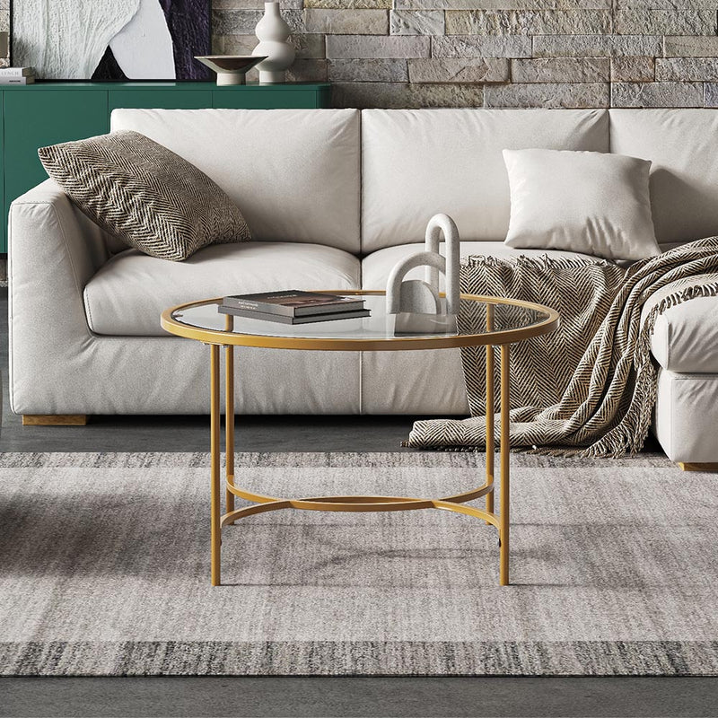 Livingandhome Round Metal Frame Glass Coffee Table