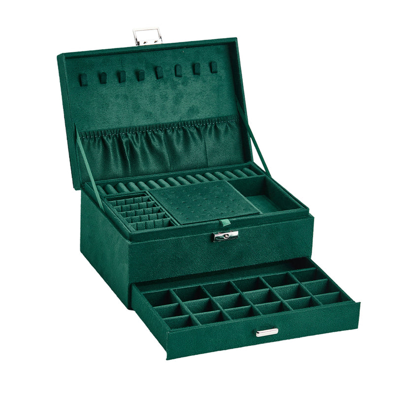 Sheonly 3-Tier Dark Green Velvet Jewellery Box with Lock