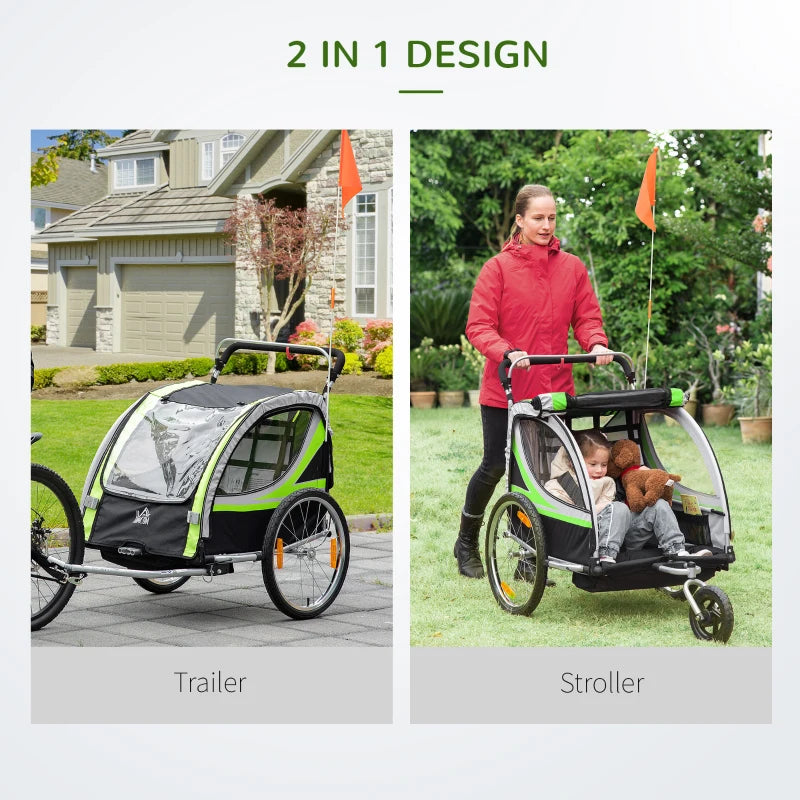 HOMCOM Child Bike Trailer 2 In 1 Baby Stroller Green