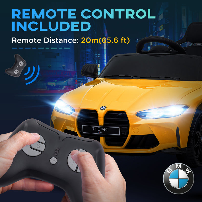AIYAPLAY 12V Yellow BMW M4 Licensed Kids Electric Car w/ Remote, Suspension